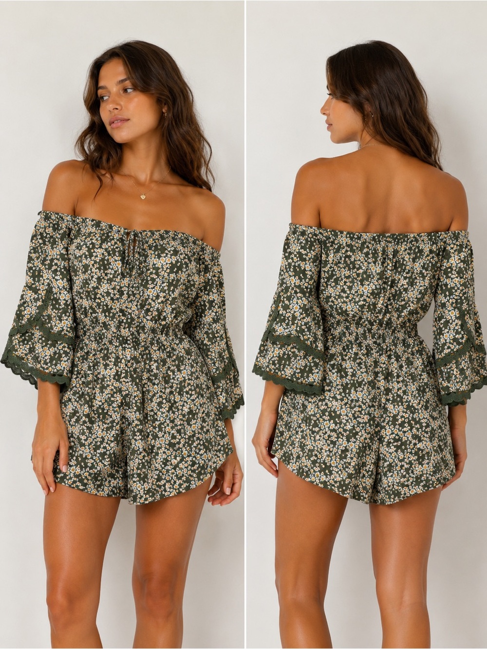Angie Green Floral Off Shoulder Bell Sleeve Romper Size Small